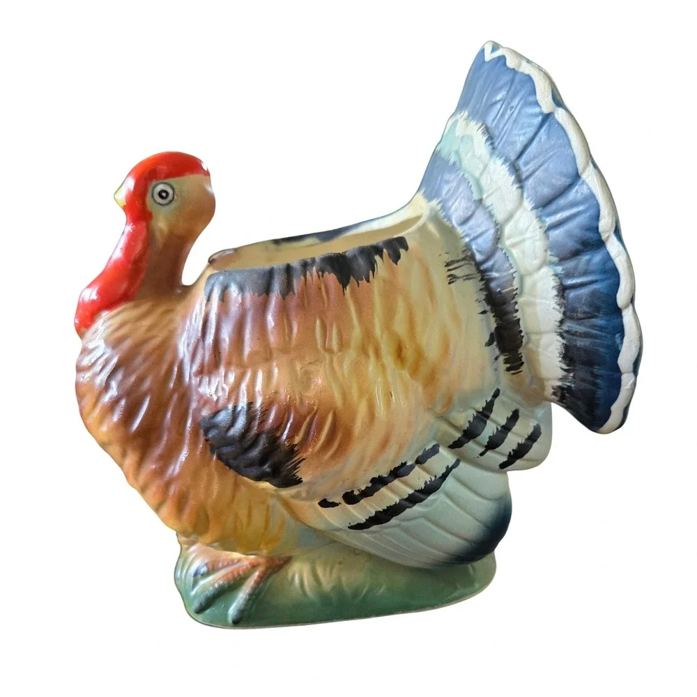 Vintage Relpo Ceramic Turkey Planter Thanksgiving Decor Hand Painted Mid Century